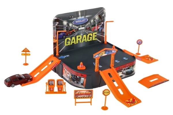 Welly Garage + bil Welly Porsche metal/plastik i kasse 21x25x5,5cm