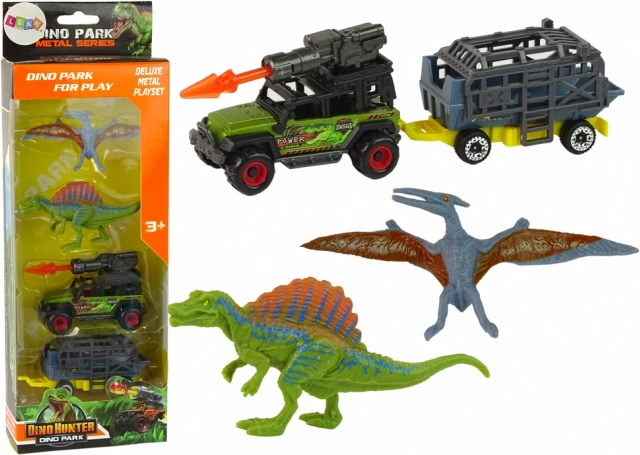 Dinosaursæt med bil, raketkaster og trailer med bur