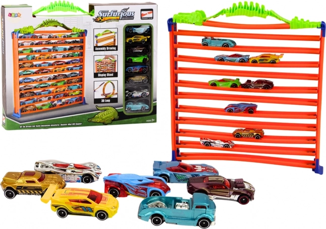 Garage og racerbane 2-i-1 med 360° loop og 8 biler