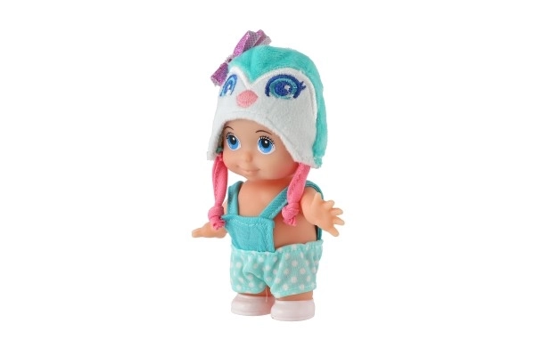 Dukke/baby med hue plastik fast krop 15cm 4 slags i æske 9x16x6cm