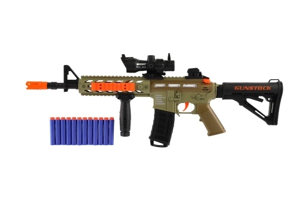 Skumgevær med skumammunition + 12 stk. patroner plast 60cm med lys, lyd i æske 65x27x6cm på batterier
