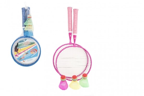 Badmintonsæt børn metal/plastik 2 ketchere + 3 bolde 2 farver i net 23x45x6cm