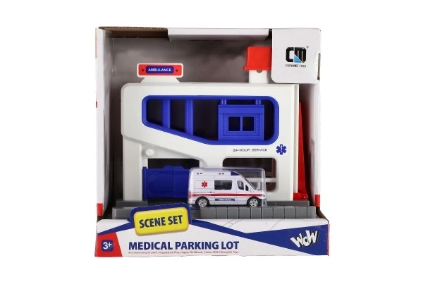 Parkeringsgarage med ambulancekøretøj