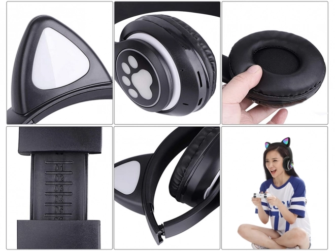 Trådløse hovedtelefoner bluetooth radio fm mp3 katteører LED belysning – sort