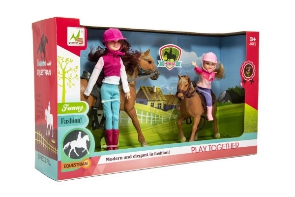 Hest 2 stk + dukke jockey 2 stk plastik i kassen 44x26x12cm
