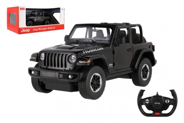 Auto RC Jeep Wrangler Rubicon sort plast 29cm 2,4GHz fjernbetjent. på batteri i æske 44x19x26cm