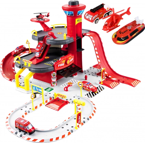 Brandstation garage, 3 niveauer med elevator, biler + helikopter, 74 dele