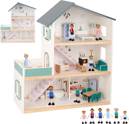 Stor trædukkehus med figurer FSC TOOKY TOY