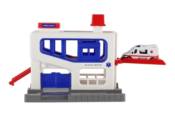 Parkeringsgarage med ambulancekøretøj