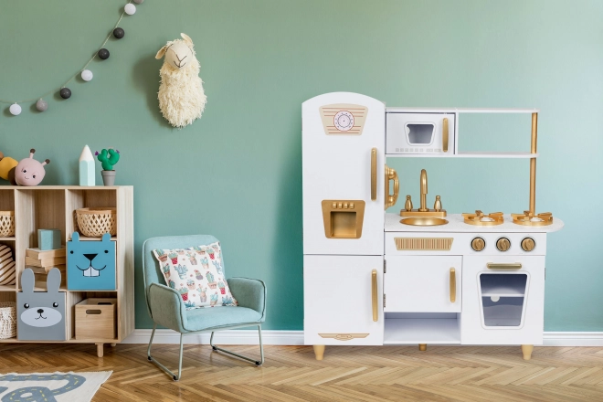 Stor trækøkken til børn, hvid og guld, ECOTOYS