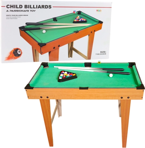 Mini billardbord i træ med sæt af kugler, køer, trekant og kridt