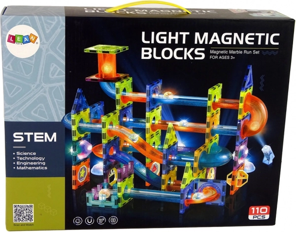 Magnetisk kuglebane plastik 110 stk. 16 kugler + tilbehør på batterier i æske 36x28x9cm
