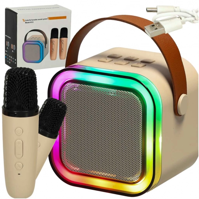 Karaoke sæt 2 mikrofoner + bærbar højttaler BLUETOOTH USB LED beige farve