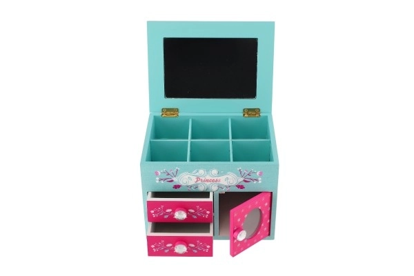 Prinsesse smykkeskrin 3 skuffer afklappelig top med spejl træ 16x12,5x12cm i kasse