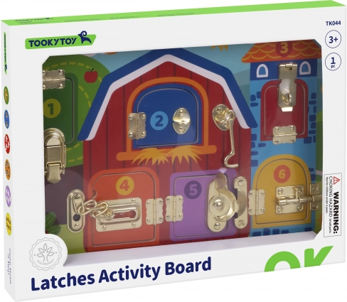 Træ-manipulationsplade med låse – gårdtema – Tooky Toy