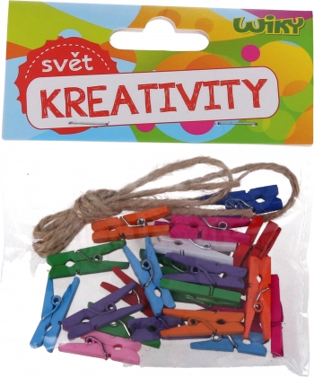 Farvede mini-klemmer 2,5 cm med snor, 25 stk.