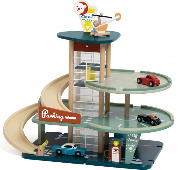 Classic World fleretagers parkeringshus med biler, helikopter, vaskehal og tankstation