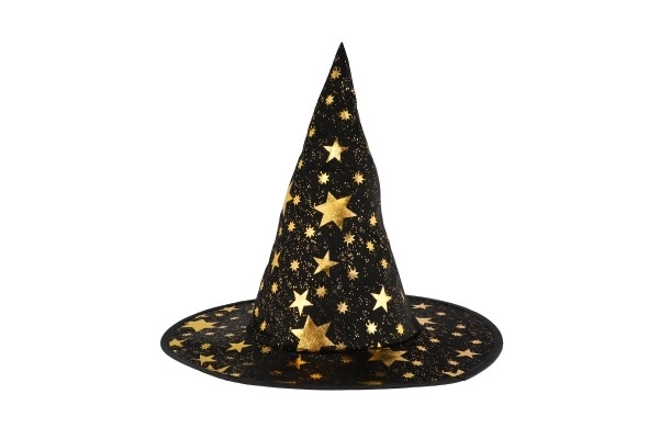 Troldmandshat + kappe til børn diameter 38cm sort-guld i pose karneval
