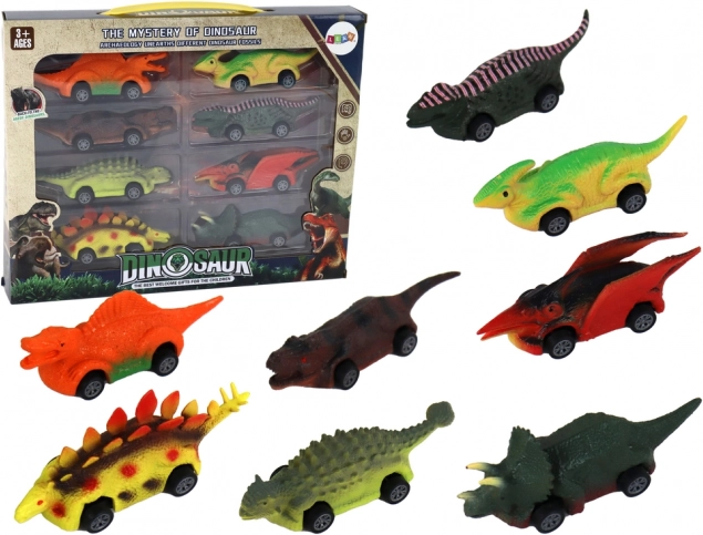 Farverige dinosaur-formede biler – sæt med 8 stk.