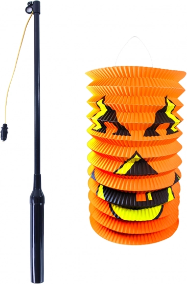 Halloween-lampion græskar 15 cm med lysstav 40 cm