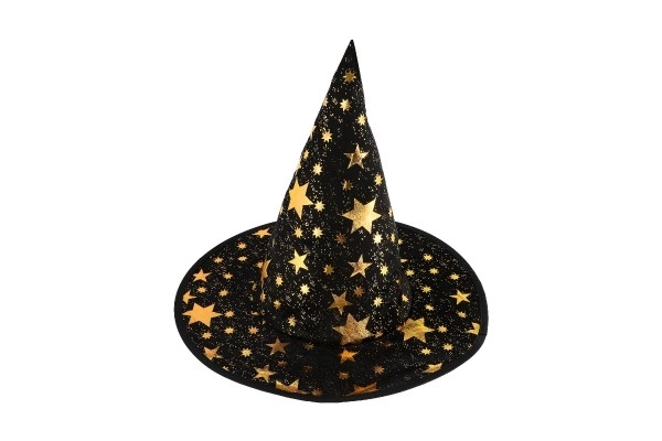 Troldmandshat + kappe til børn diameter 38cm sort-guld i pose karneval