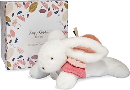 Gavesæt – plysbamse-kanin med mørk rosa pompon 25 cm