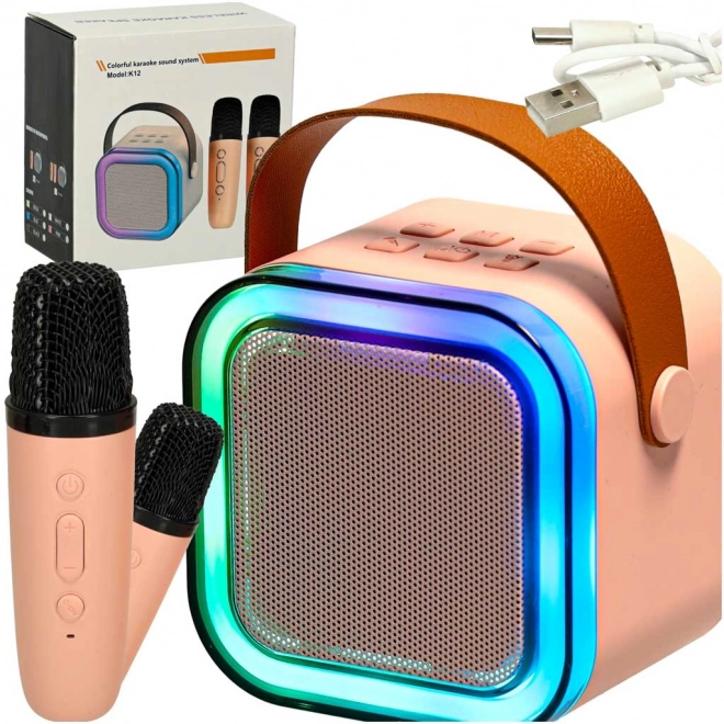 Karaoke sæt 2 mikrofoner + bærbar højttaler BLUETOOTH USB LED pink