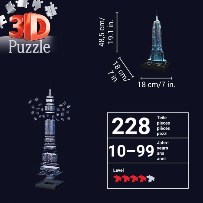 RAVENSBURGER Lysende 3D puslespil Natversion Empire State Building 216 brikker