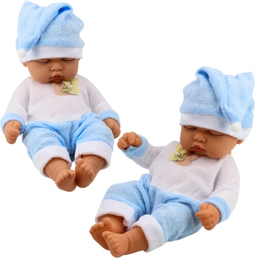 Sovende babydukke i blåt pyjamas sæt med hue