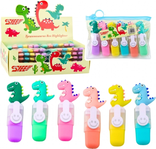 Sæt med Mini Overstregningstuscher med Dinosaurclips i Etui, 6 stk.
