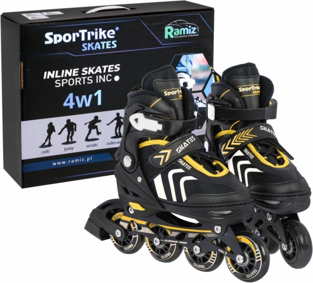 Sæt 4-i-1 børnerulleskøjter: inline, quad og is – størrelse 39–43 – Gul
