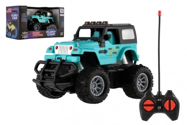 Auto RC terrængående 14cm plast 27MHz med lys i boks 20x11x10cm – Turkis