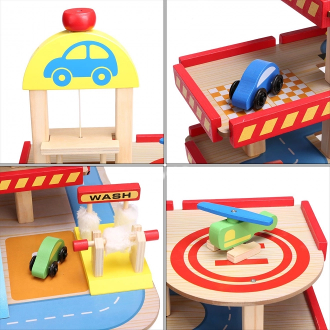 ECOTOYS Træ parkeringshus med elevator, helikopterlandingsplads og andet tilbehør