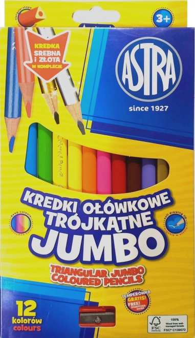 Astra trekantede jumbo-farveblyanter 12 stk. med blyantspidser