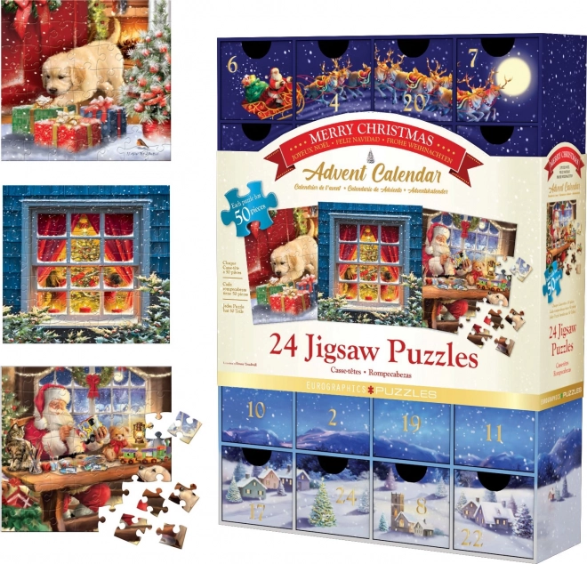 Adventskalender med puslespil Eurographics 24 x 50 stykker – Glædelig Jul