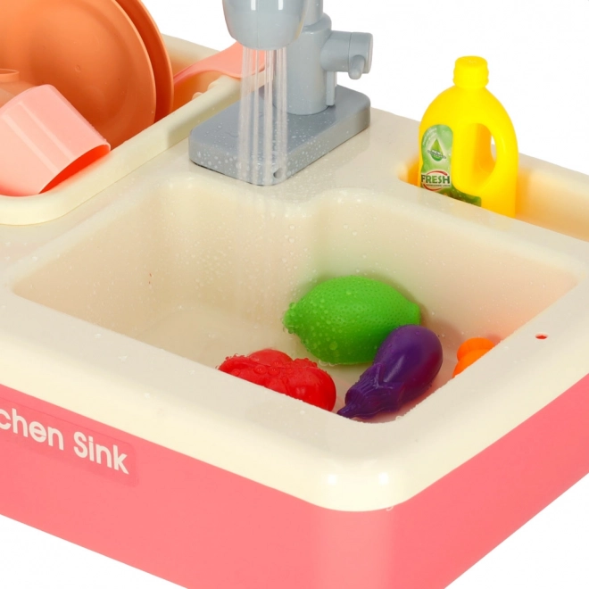 Børne køkkenvask med ægte vand og pink tilbehør