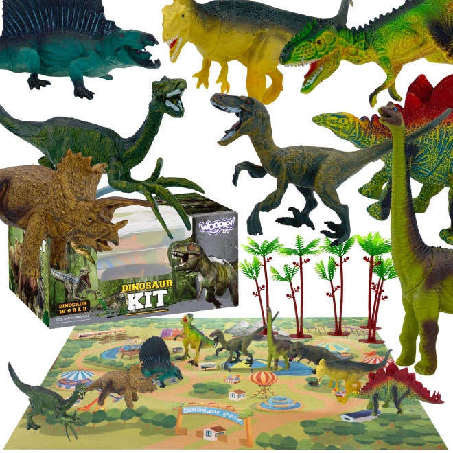 Sæt af dinosaurfigurer med spilleunderlag og kuffert