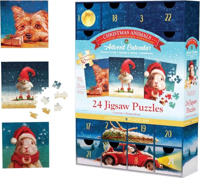 Adventskalender med puslespil Eurographics 24 x 50 stykker – Julemotiver af dyr