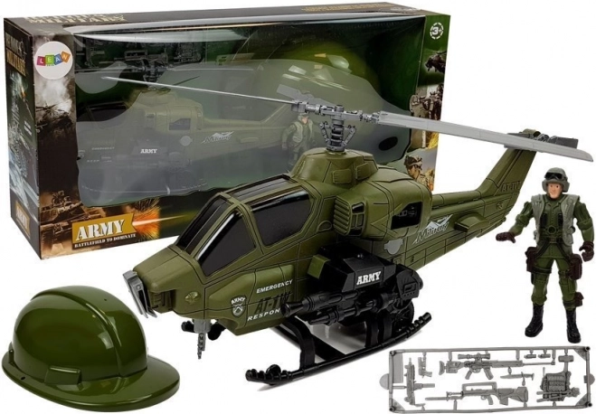 Militærsæt med helikopter, hjelm og soldat