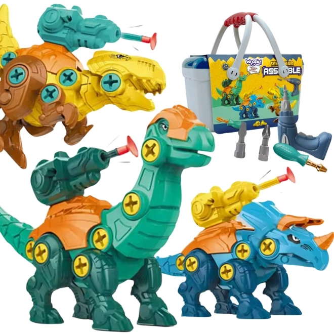 Woopie samlesæt dinosaurer til samling af 3 stk bygningssæt med kuffert og boremaskine med skruetrækker