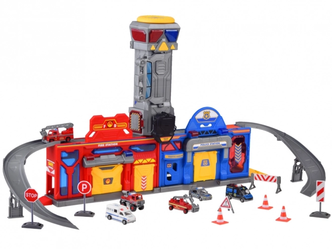 Mega Garage 2i1 Politi og Brandmænd med Elevator