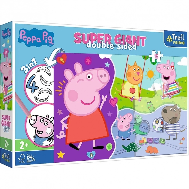 Puslespil 3i1 KÆMPE dobbeltsidet 15 brikker Grisling Peppa/Peppa Gris 60x40cm i kasse 40x27x6cm 24m+