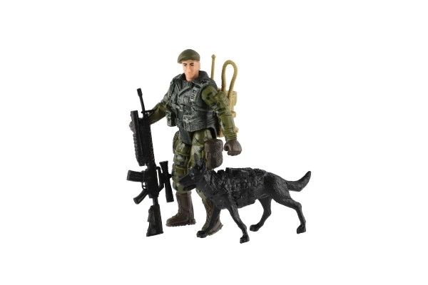 Sæt med soldater med hund og tilbehør 12stk plastik i pose 17x20x3cm