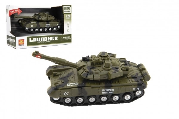 Tank plast 20cm på svinghjul på batterier med lys og lyd i kassen 24x16x11cm
