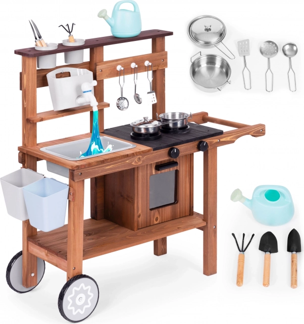 Udendørs mudderkøkken til børn i ædeltræ fra ECOTOYS med tilbehør