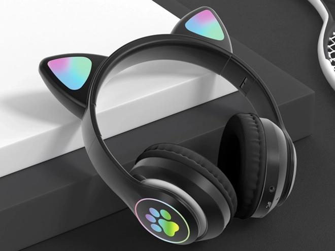 Trådløse hovedtelefoner bluetooth radio fm mp3 katteører LED belysning – sort