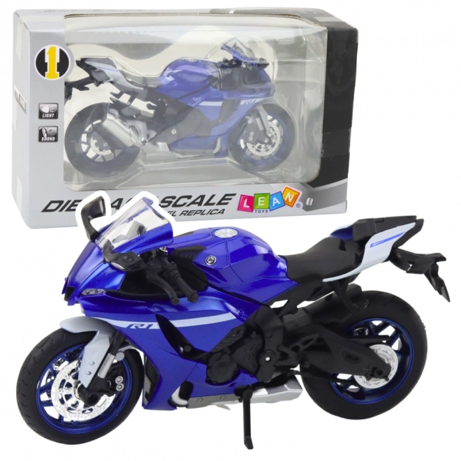 Metalisk sportsmotorcykel blå R1 1:12