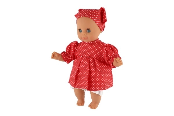 Dukke/Baby Hamiro 30cm, stofkrop kjole rød + hvid prik + tørklæde i boks 20x35x13cm