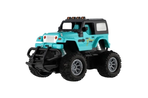 Auto RC terrængående 14cm plast 27MHz med lys i boks 20x11x10cm – Turkis