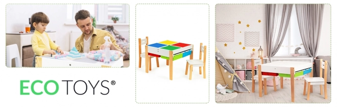 ECOTOYS Børneborde i træ med spilleplade og to stole